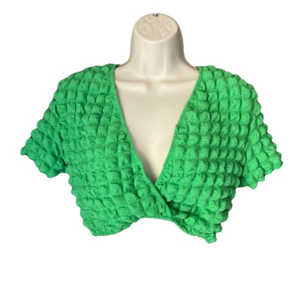 Cropped Popcorn Green V Neck Short Sleeve Women's Cropped Top Blouse Large